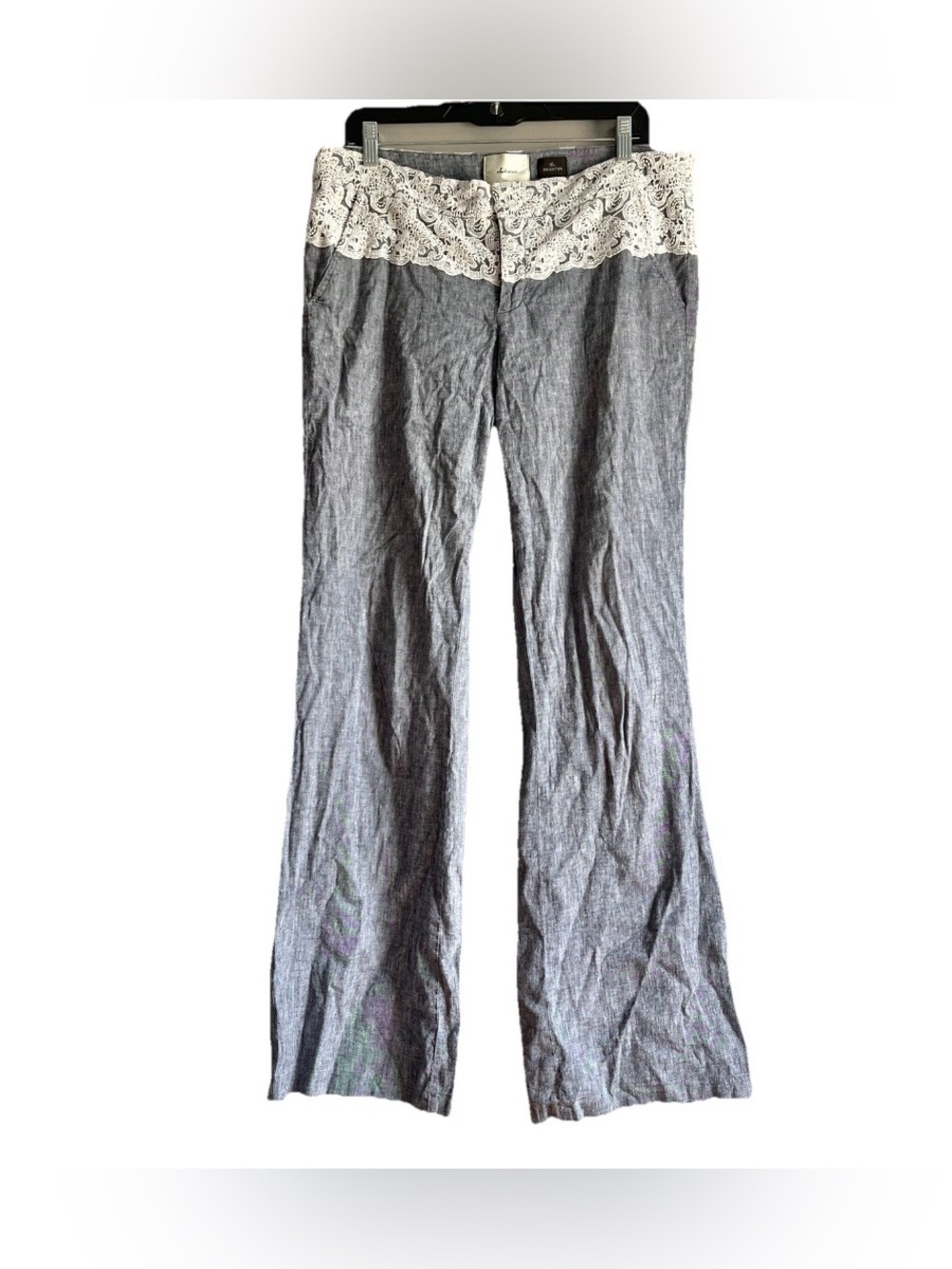 Anthropologie Elevenses Brighton pants 12 trouser linen cotton blue lace wide - Picture 2 of 9